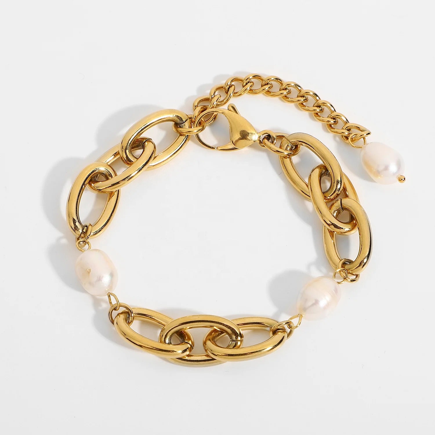 18K Gold Plated Stainless Steel Baroque Freshwater Bracelets for Women 12mm Wide Oval Chain Chunky Bracelets
