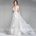 13114#Princess Boho V-Neck Court Train Sleeveless Simple 3D Flower Lace Applique Custom Backless Wedding Dress Bridal Gown