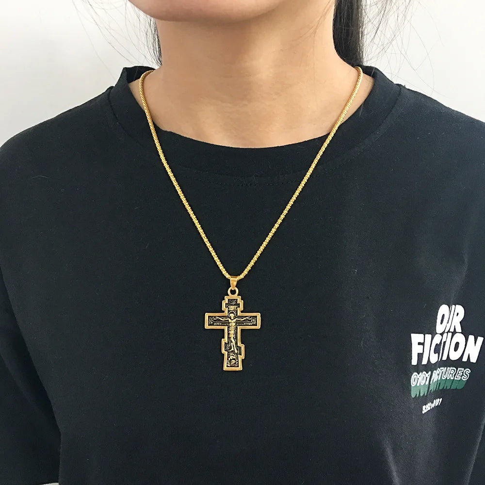 High Quality Simple Rose Flower Cross Pendant Necklace Vintage CZ Gold Jesus Crucifix Necklace for Fashion Nightclub Jewelry
