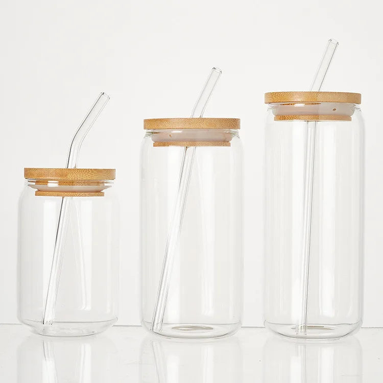 Factory Direct Sales Glass Cup Empty Coffee Cup Water Cup with Bamboo Lid and Straw