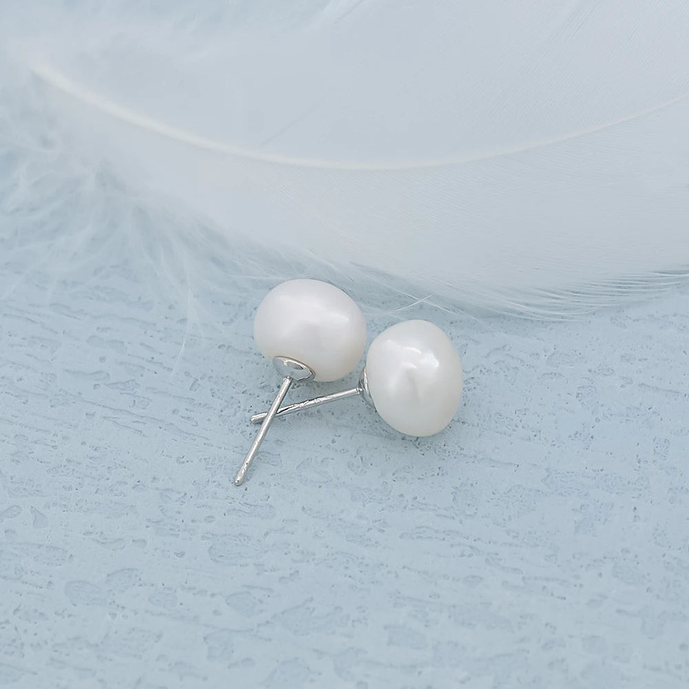 Natural Freshwater Pearl 925 Sterling Silver 9-10mm Round Pearl Classic Stud Earrings