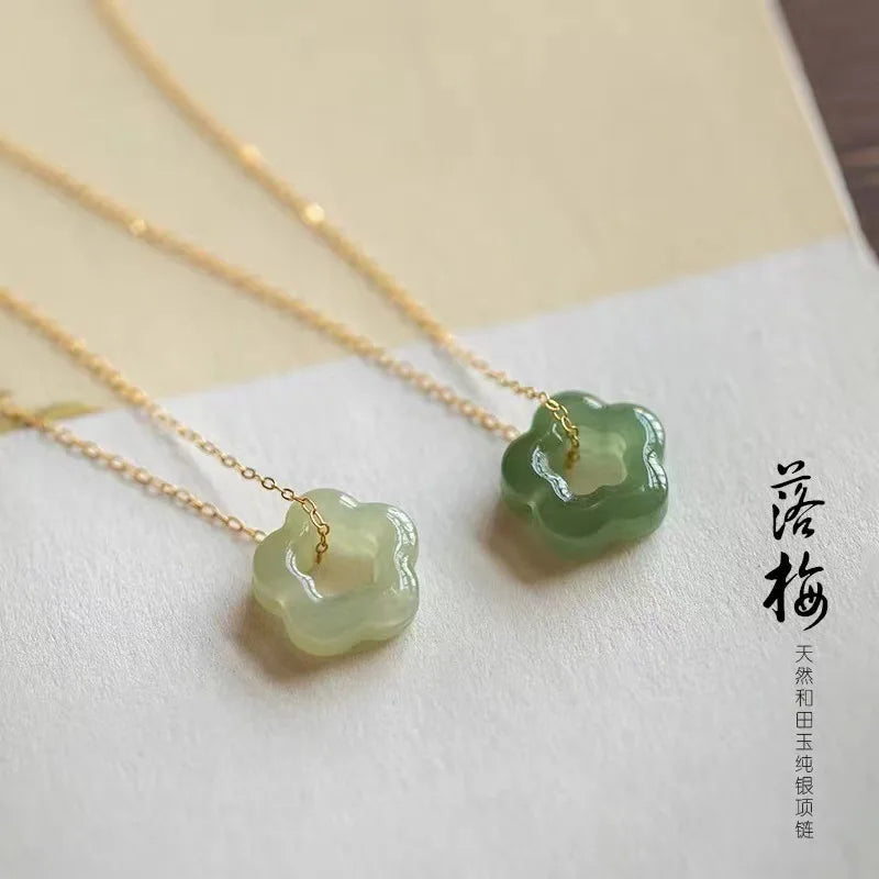 Elegant Designer Fashion 925 Sterling Silver Gold Chains Hetian Jade Hollow Flower Necklace for Women Ladies Jewelry Gift