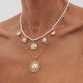 Gold Plated Sunflower Pendant Necklace Bohemian Style Trendy Pearl Beaded Link Chain Necklace Set for Gift