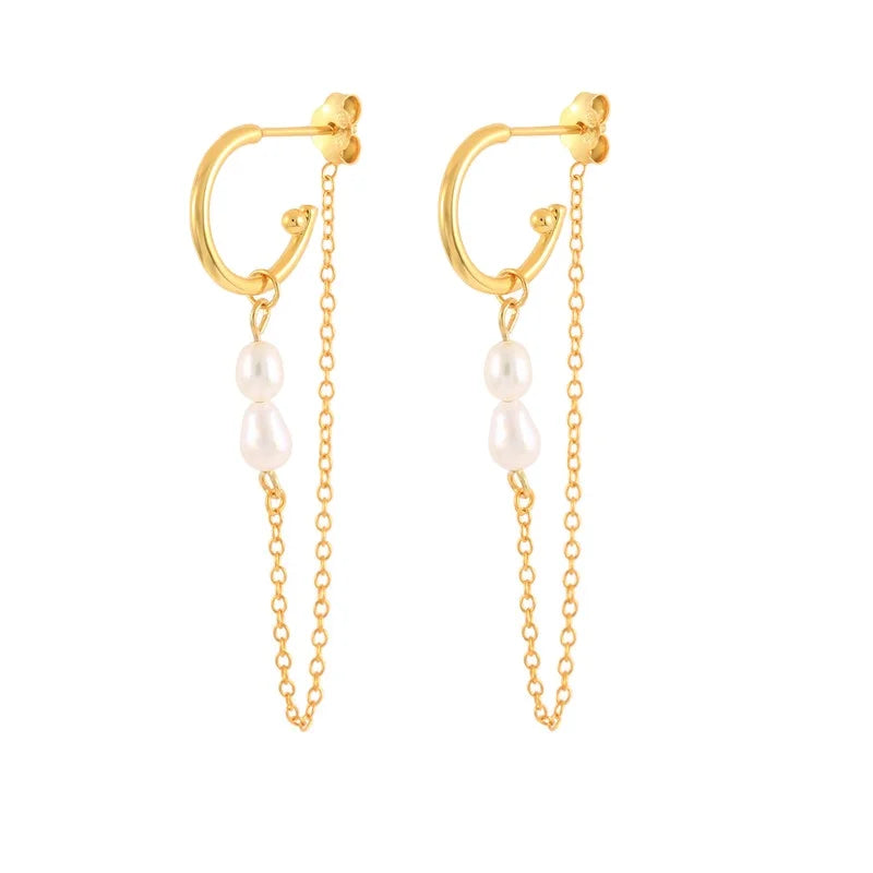 Handmade Jewelry Earrings C Shape Studs Long Chain Tassel Dangle Baroque Pearl Earrings Women