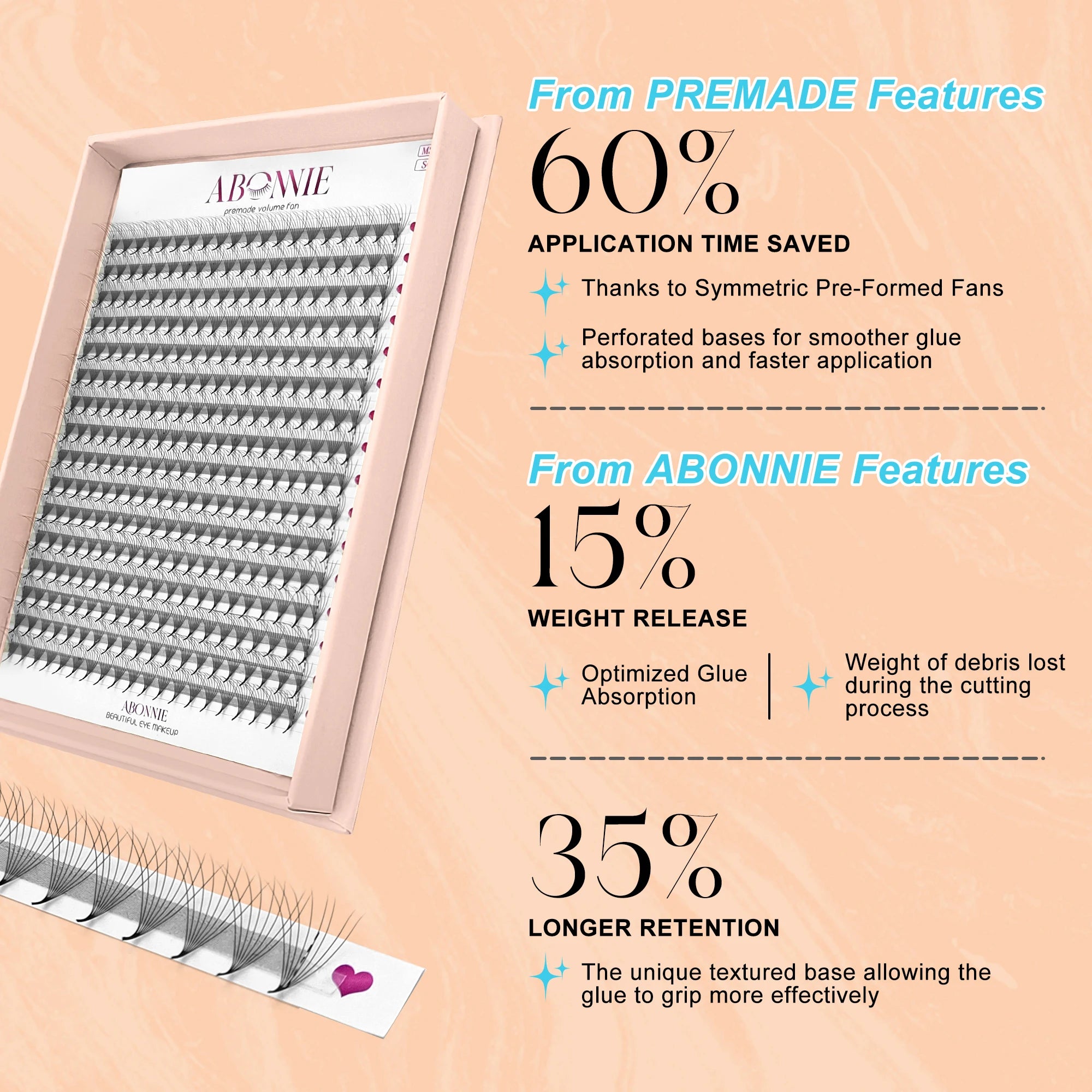Abonnie Cashmere Pre-made Eyelash Extensions Long Stem Pre Made Lash Fans Trays Mink 10D 12D 14D Pointy Base Premade Volume Fans