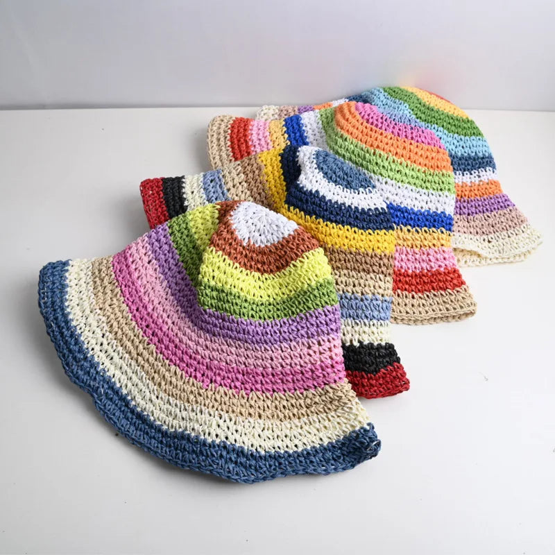 Premium Adult Striped Bucket Hat Checkered Wide Brim Sun Visor Sombrero Stylish Straw Hs for Women