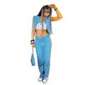 Fashion Denim Jacket and Pants Suit Ladies Coat Pant Suits Hole  Leg  for Women Sleeveless Jean  Wholesale