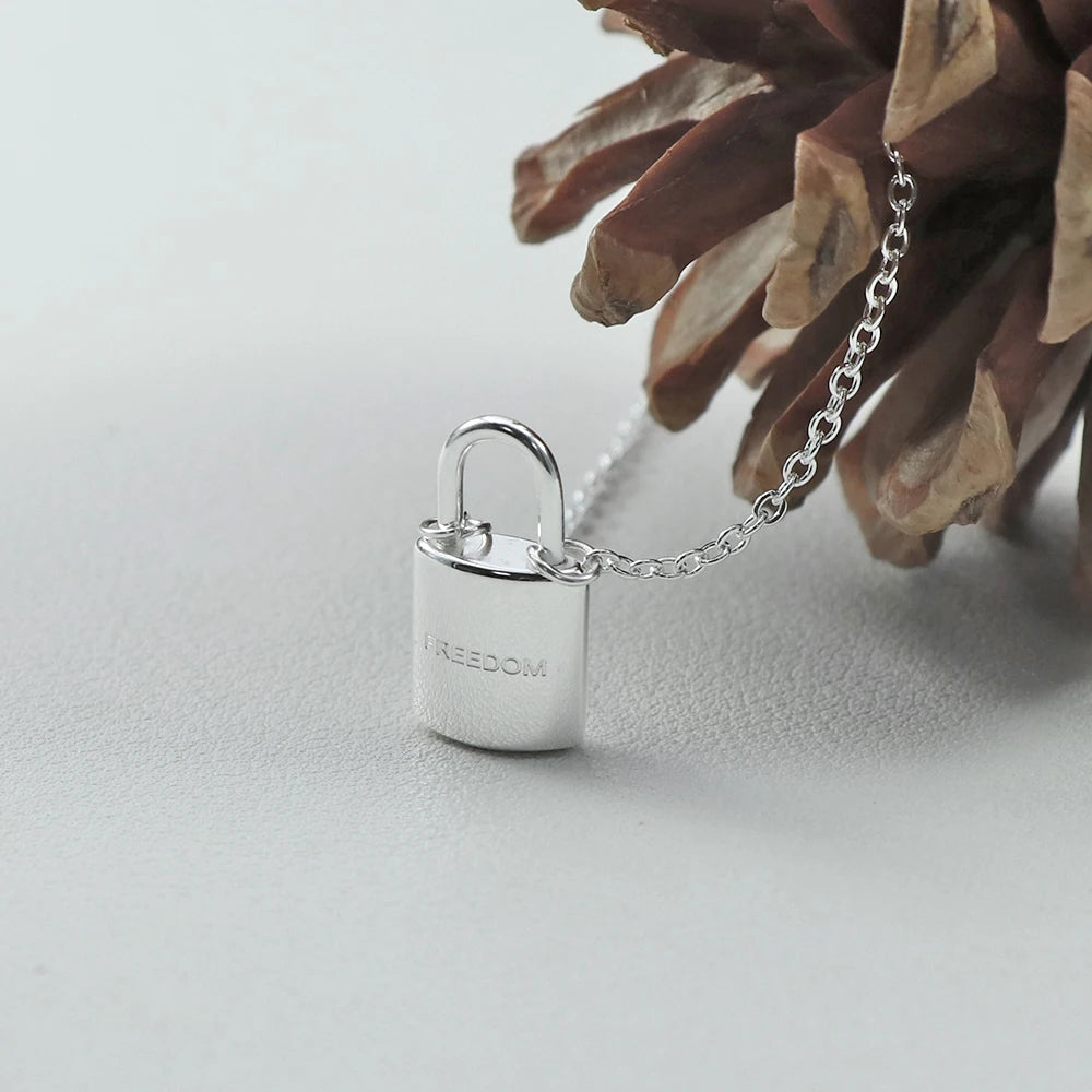 Original Diy Design Silver Plated Small Dainty Lock Custom Engraved FREEDOM Statement Padlock Necklace for Men Women Jewelry