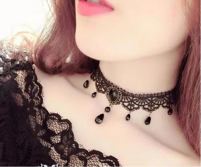 Fashion Black Gothic Lace Velvet Choker Tassel Punk Style Gothic Choker Necklace