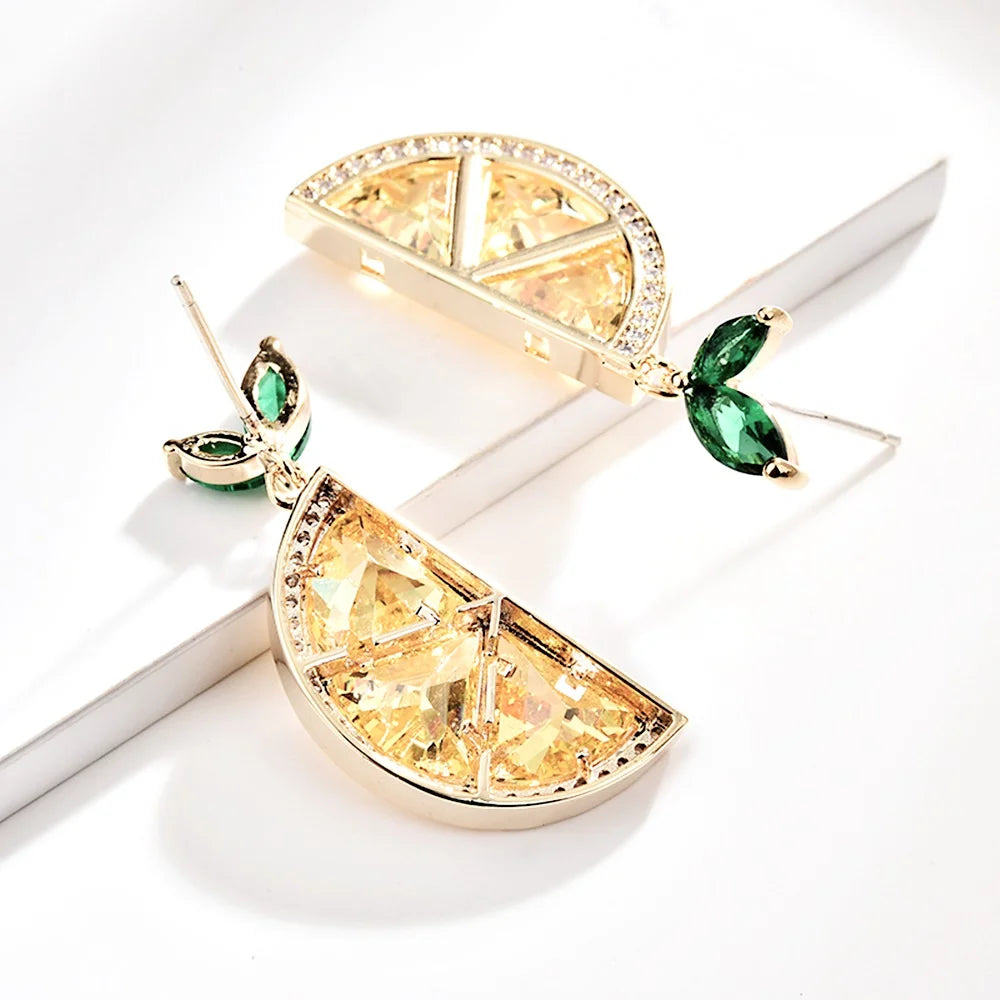Women Brass Alloy with Cz Zircon Beads Paving Lemon Slice Fruit Dangle Earring Women Earrings Jewelry