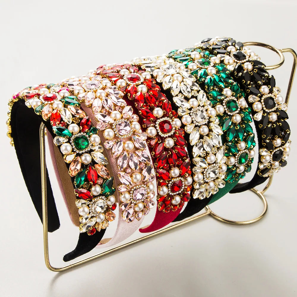 Retro Court Style Baroque Heavy Work Headband Women's Velvet Cloth Wide Edge Diamond Pearl Hair Jewelry Wholesale