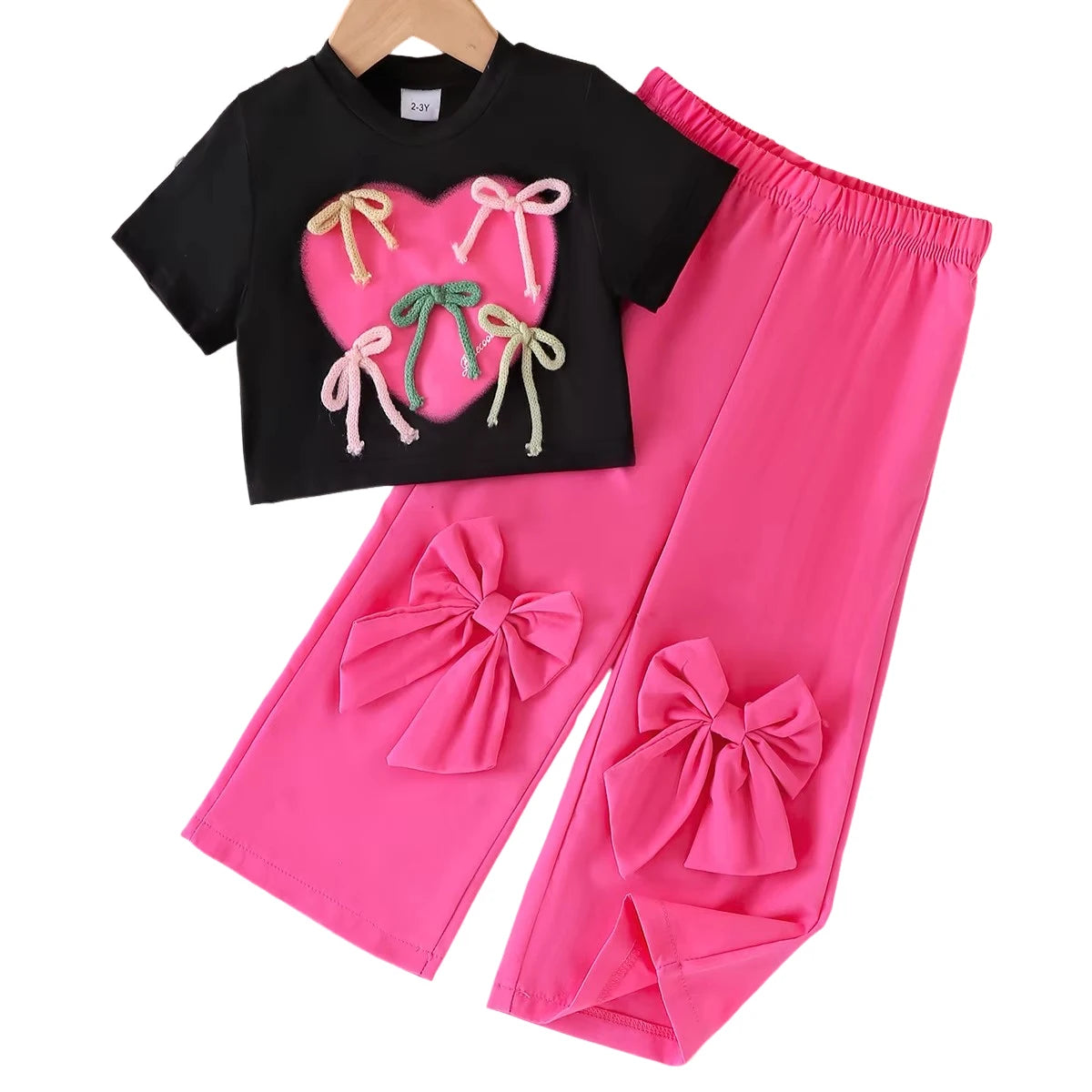 2025 Summer Girl's Casual Two-Piece Cotton Clothing Set Bow T-Shirt and Pants with Bow Detail