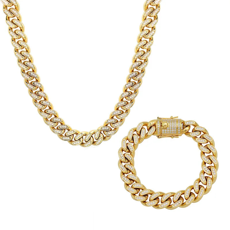 18k Gold Plated Miami Cuban Chain Zircon Necklace With Iced Out Cuban Link Chain Stainless Steel Jewelry Set