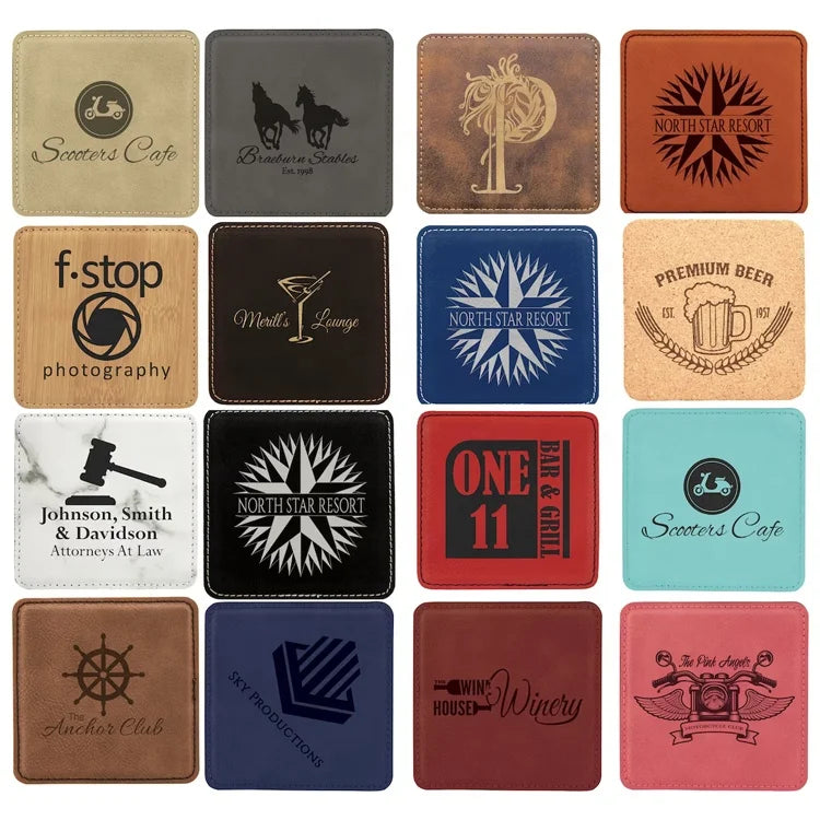 Wholesale Anti-Slip 4 Inch Leatherette Beer Drink Coasters Groomsmen Gift Laser Engraving Square Vegan Leather Coaster for Cup