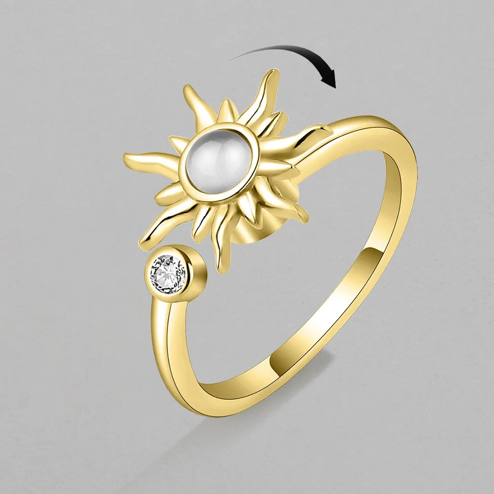 Rotating Sun Opal Ring for Women Stainless Steel Retro Open Charm Adjustable Open Rings Jewelry Best Friend Gift Bijoux Femme