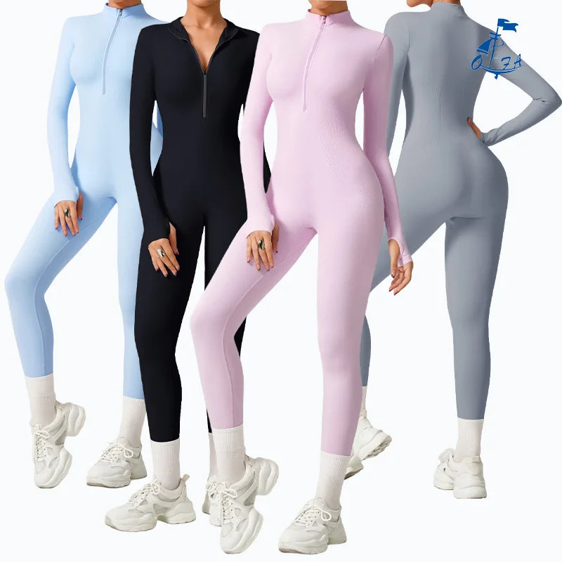 Women Zipper Long Sleeve Leggings Nude Yoga Jumpsuits Gym Fitness BodySuits Workout Clothes Sportswear Tracksuits Shapewear