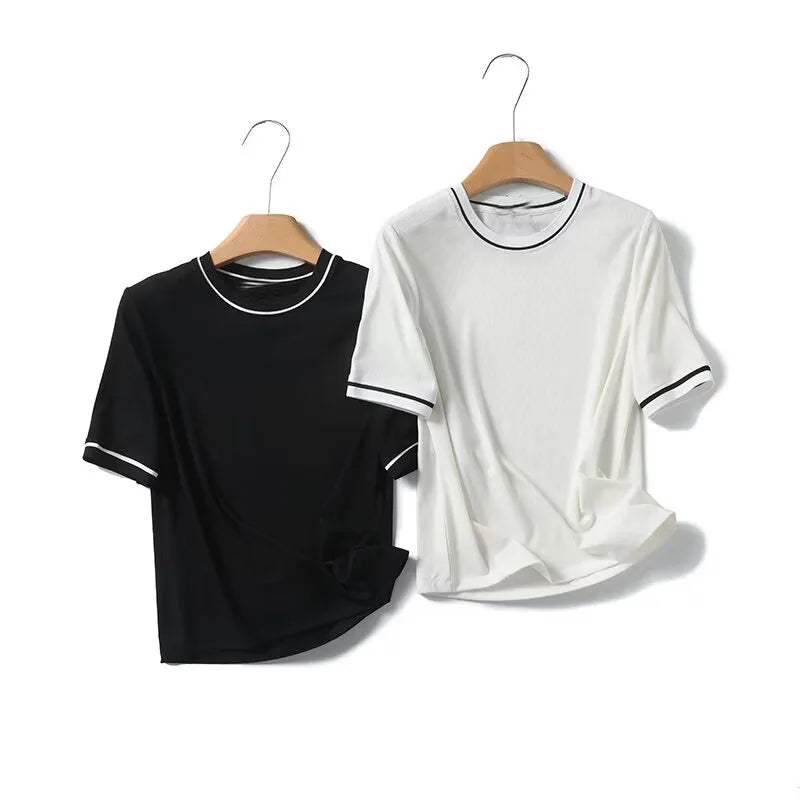ZATRHMBM Women's 2024 New Fashion Basics Versatile Contrast Color T-Shirt Tops Retro Casual Round Neck Short Sleeve Tops
