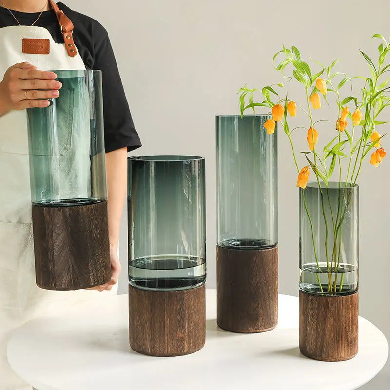 Drop Shipping Hot Sale Dining Table Vase Hydroponic Glass Vase Wooden Frame Home Decoration Creative Modern Glass Vases