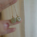 Chinese Vintage Gold Plated Long Box Chain Jade Earrings Luxury Green Round Jade Dangle Earrings for Women Jewelry