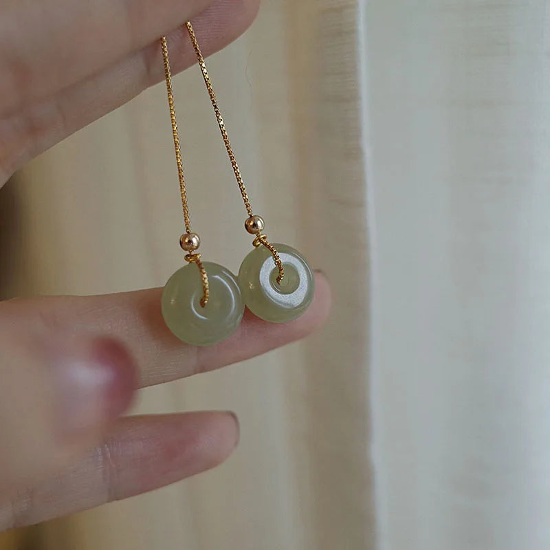 Chinese Vintage Gold Plated Long Box Chain Jade Earrings Luxury Green Round Jade Dangle Earrings for Women Jewelry