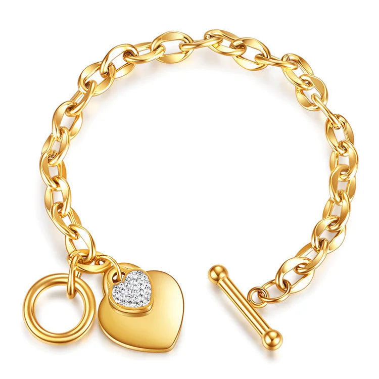 Wholesale 316L Stainless Steel Heart Charms Bracelet 18K Gold Plated Chains OT Buckle Bracelets for Girls Women