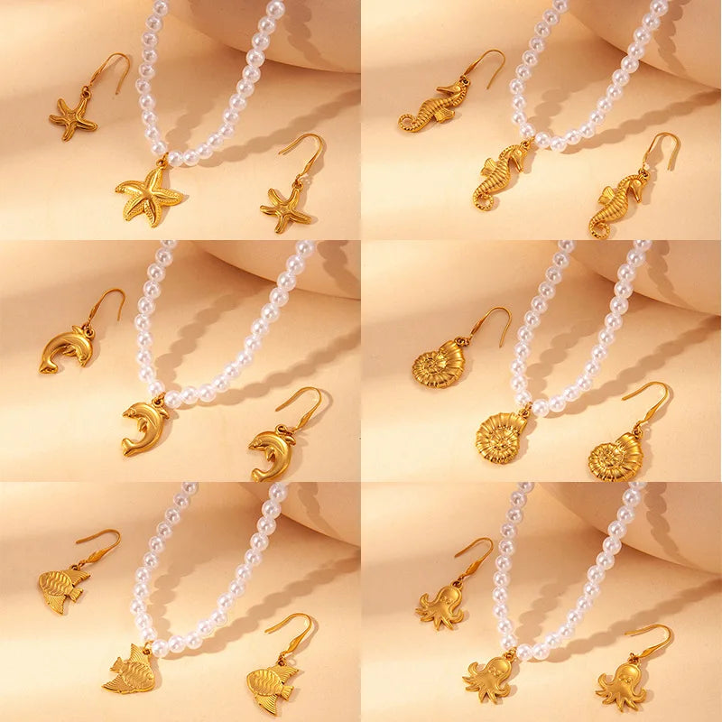 DAIHE Fashion Stainless Steel Jewelry Sets Ocean Beach 18k Gold-Plated Necklace Earrings Non Tarnish