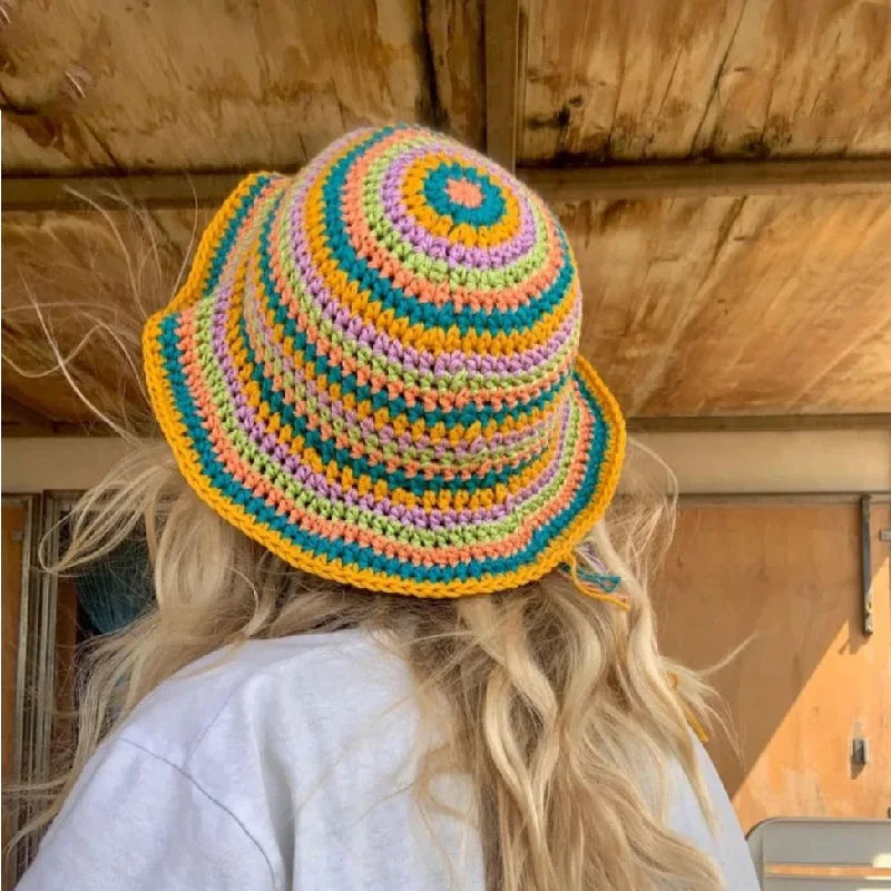 Round Brim Beautiful rainbow Colour Handmade Crochet Bucket Hat Knit Floral Summer Bucket Hat Sun Protective Hat