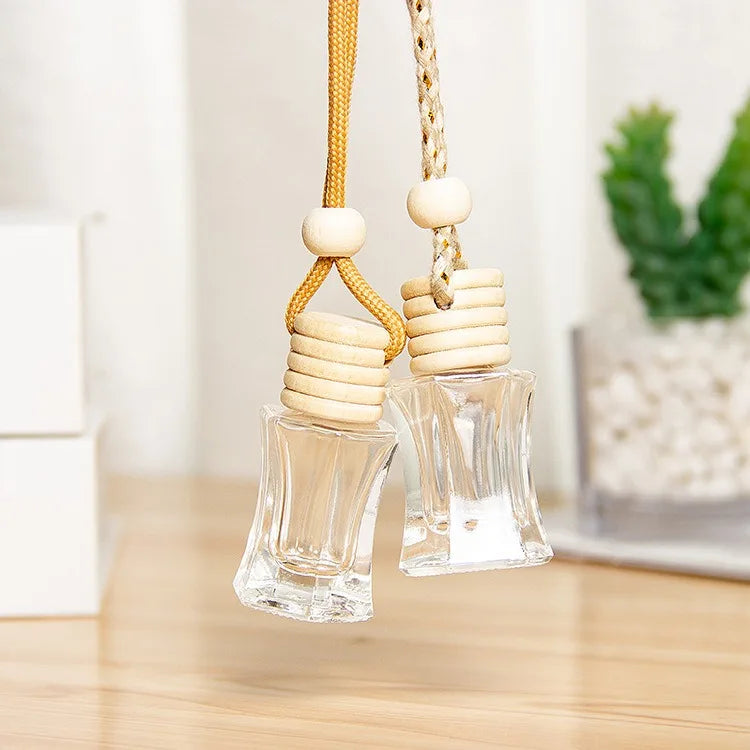 clear Hanging Car Perfume Bottles Fragrance Diffuser Bottle 10ML Car Air Freshener Glass Essential Oil Bottle with Wooden Cap