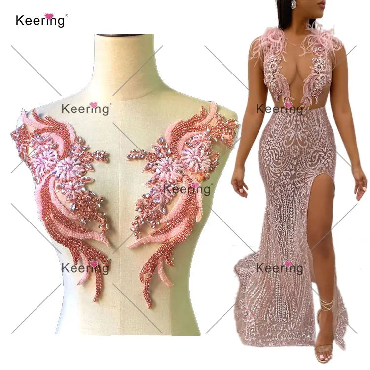 WDP-303 Keering Silver Gold Pink Lace Clothing Shoulder Black Crystal Patch Applique