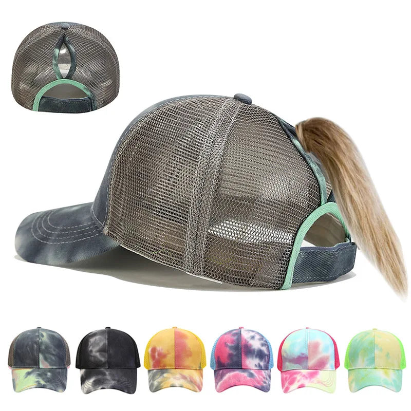 Customized logo New Style Gradient Color Mesh Tie-dye Ponytail Baseball Cap Distressed Ponytail Hat for Women