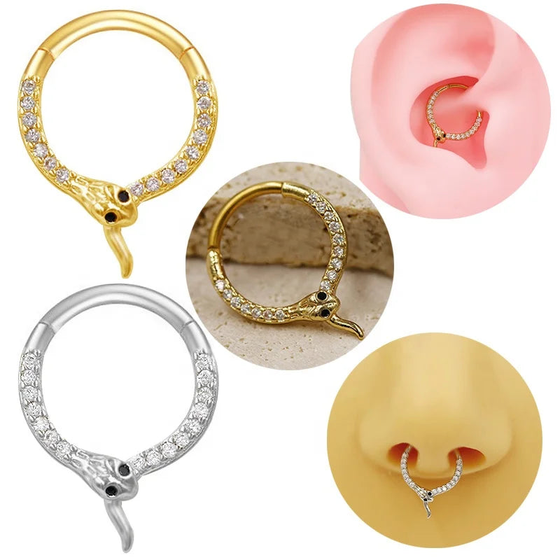 Gaby 316L Surgical Steel Bar Crystal Ring Stainless Steel Piercing Hoop Clicker Earring Snake Hinged Segment Septum