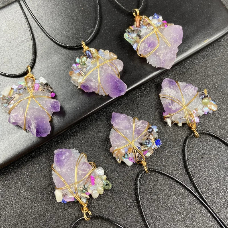 Natural Crystal Amethyst Cluster Flower Pendant Healing Crystal Stone Crystal Amethyst Druzy Necklace for Woman