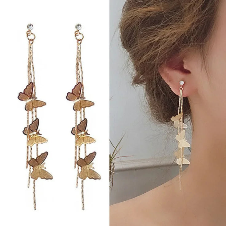 Vintage Dainty Gold Plated Butterfly Drop Earrings Female Fashion S925 Sterling Silver Needles  Multilayer Butterfly Tassel Earr