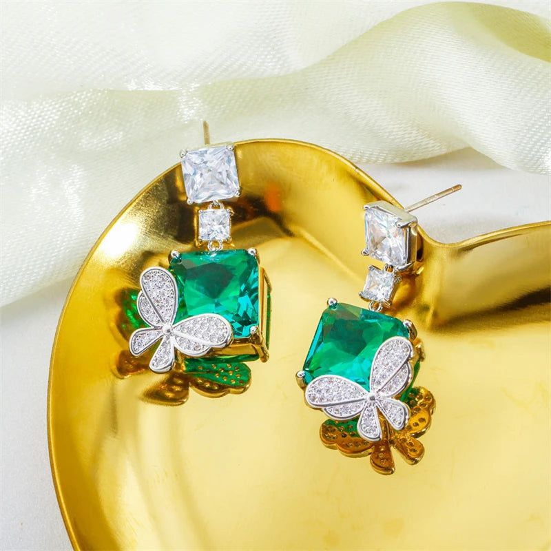 Chic Blue Geometric Square Cut CZ Crystal Dangle Butterfly Drop Earrings for Women Girls Party Prom High Quality Zircon Jewelry