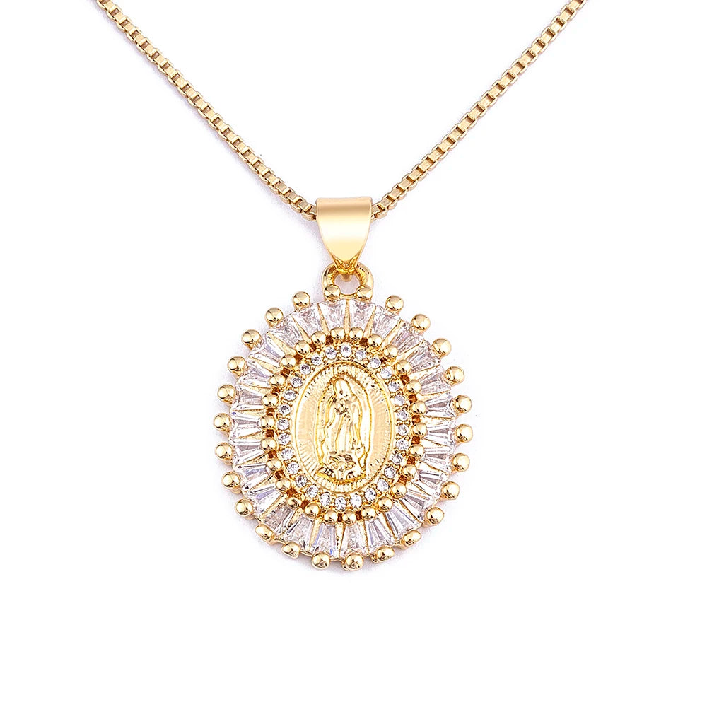 QIKU Religious Elegant Geometric Virgin Mary Pendant Copper Zirconia Necklace Gold Color Neck Chain Jewelry Gift Wholesale Price
