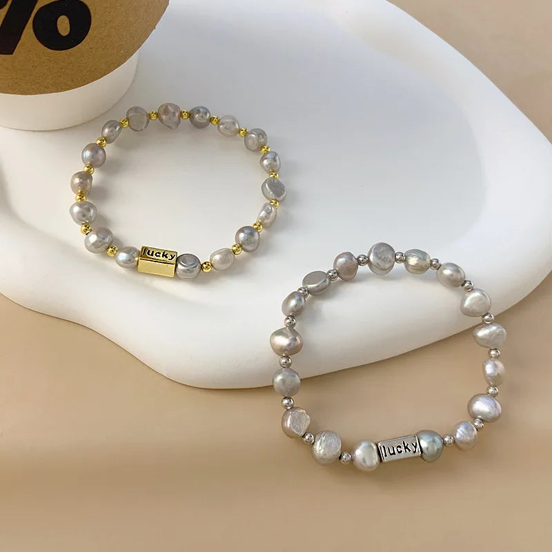Elegance Pearl Beaded Bracelets  925 Sterling Silver Engrave Lucky Cuboid Charms Bracelets for Women