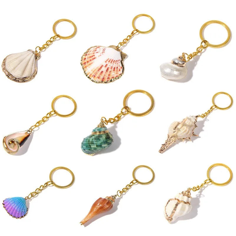 Bohemian Gold Plated Various Shell Conch Keychains Multi Shapes Seashell Charm Keyrings Cowrie Shell Key Ring Summer Beach Gifts