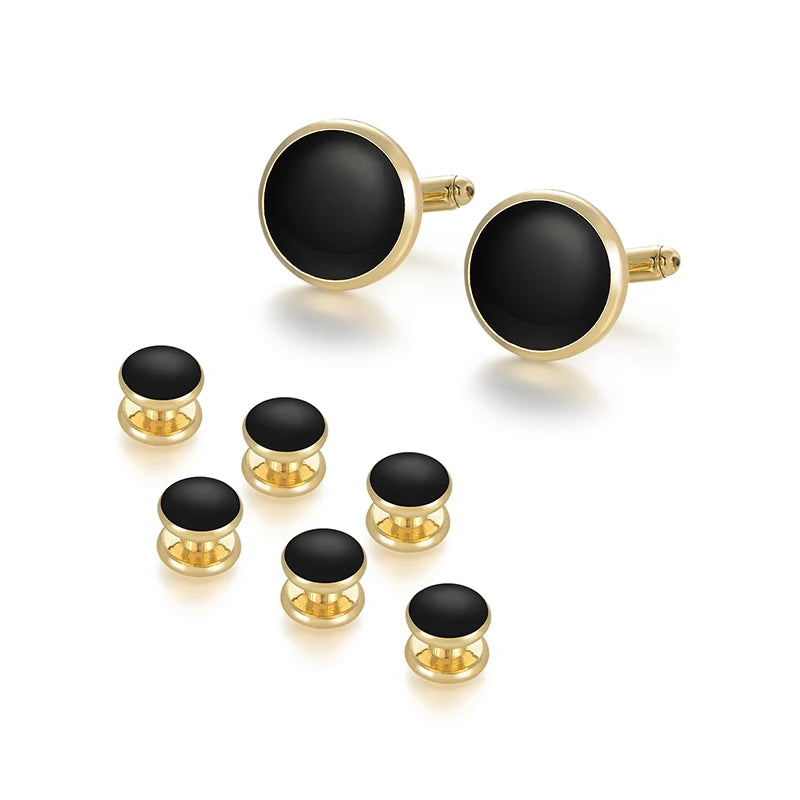 Hot Sale 8 PCS DIY Men's Brass Cufflinks Studs Set Round Black Tuxedo Shirt Business Wedding Anniversary Gift Party