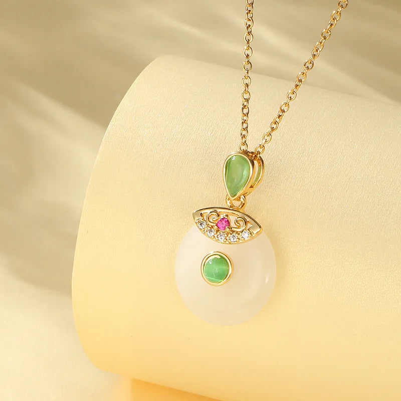 Hot Selling White Round Jade Pendant Necklace Gold Plated Zircon Circie Jade Necklace for Women Jewelry