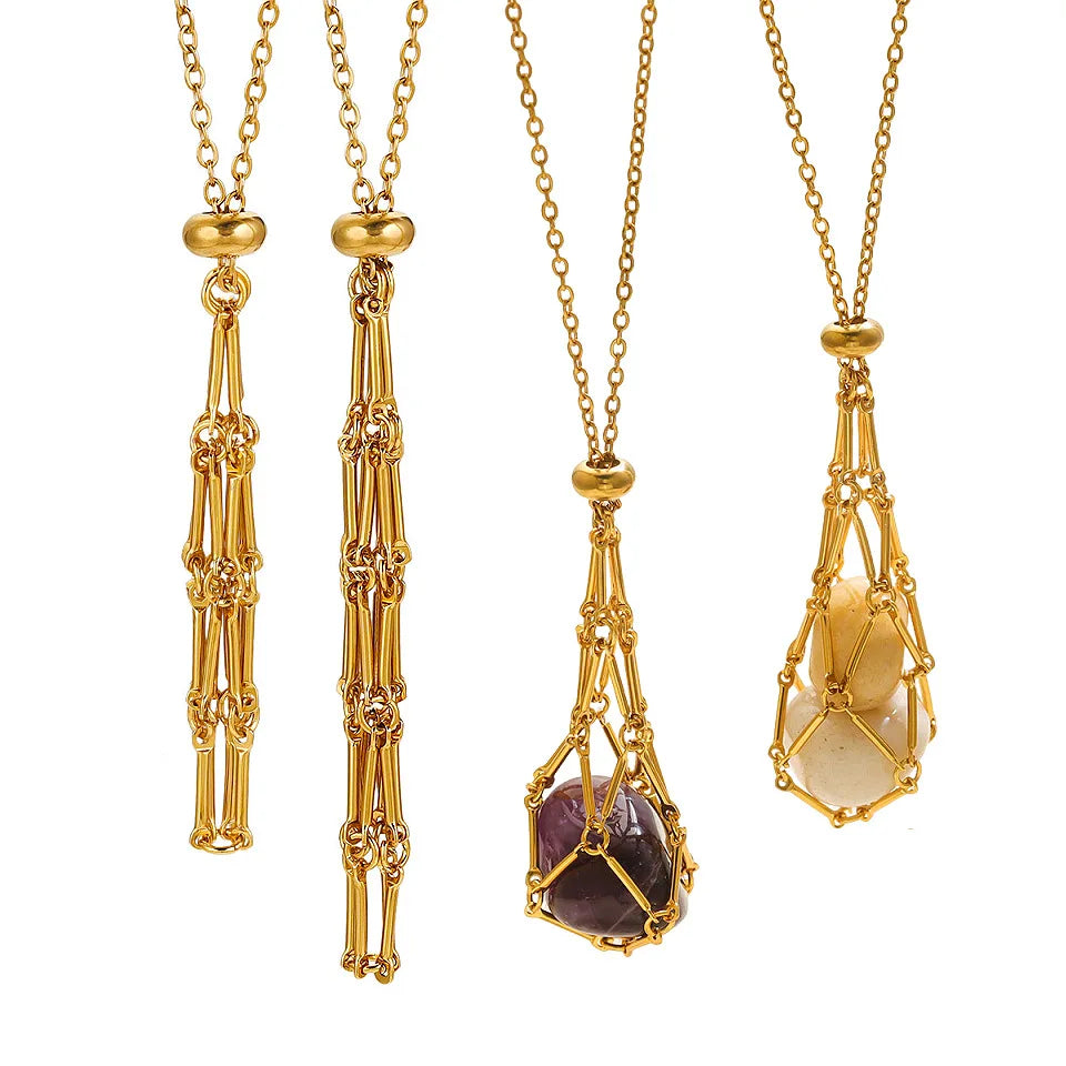 Stainless Steel 18K Gold Plated Hexagon Quartz Cage Pendant Necklace with Healing Stones Trendy Fashion Power Gift
