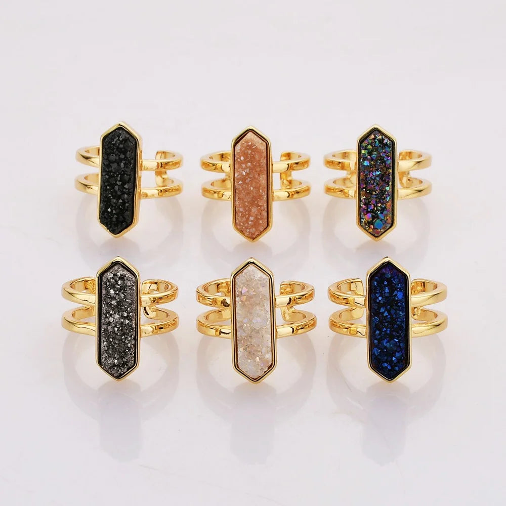 ZG0466 18K Gold Plated Diamond Shape Adjustable Natural Agate Stone Druzy Ring
