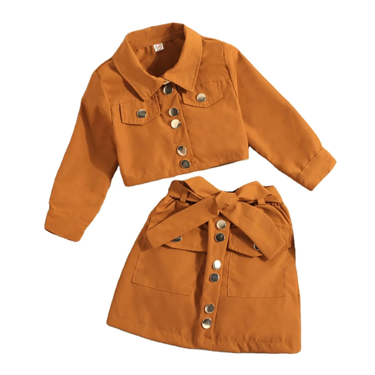 90-130cm Girls' Spring and Autumn Long Sleeved Short Lapel Jacket Top+bow A-line Short Skirt Set