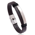 Hot Sale Men's Stainless Rhodium Plated Strand Bracelet Black Faux Leather Teenager Anniversary Gift