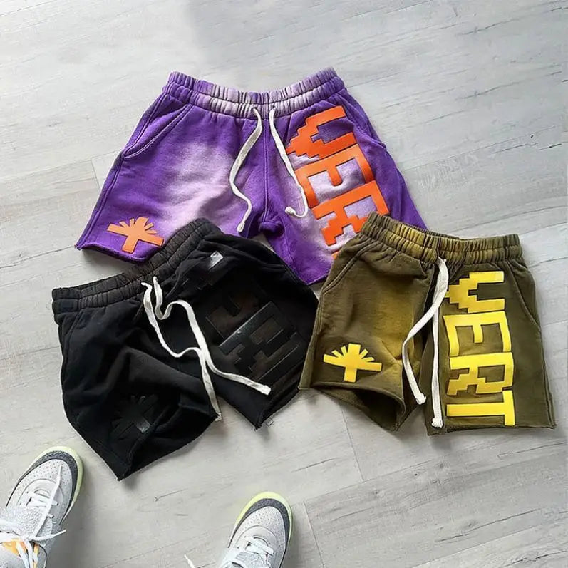 Custom Foam Print Washed Shorts for Men OEM Summer Drawstring French Terry Raw Edge Puff Print Acid Wash Shorts