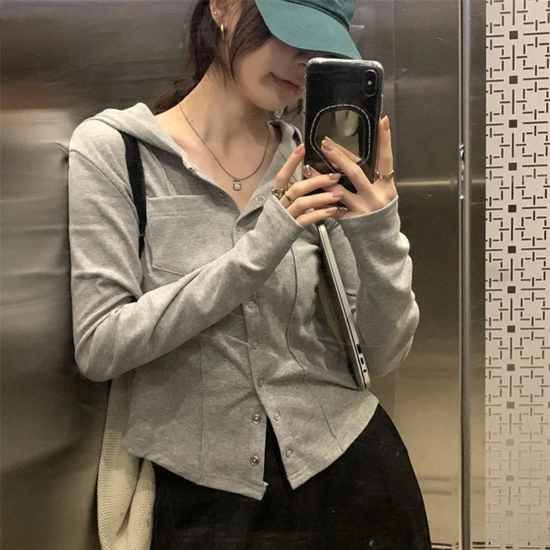 2023 Shirts for Women Y2k Clothing Fashion Hooded Woman Slim Tshirts Tunic Long Sleeve Cardigan Tops Mujer Korean Casual T-shirt