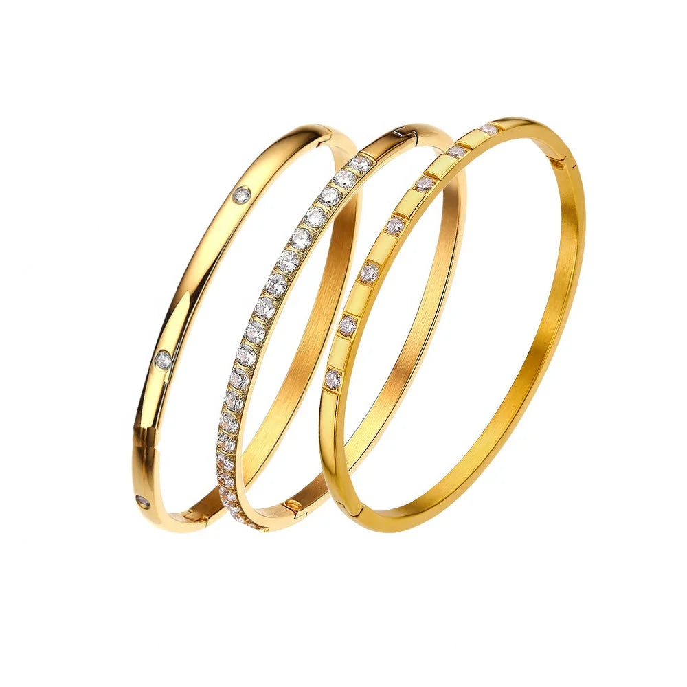 Wholesale High Quality Fine Fashion Jewelry 18K Gold Plated Stainless Steel Inlay Drill Zircon Cuff Bracelet Bangles for Women