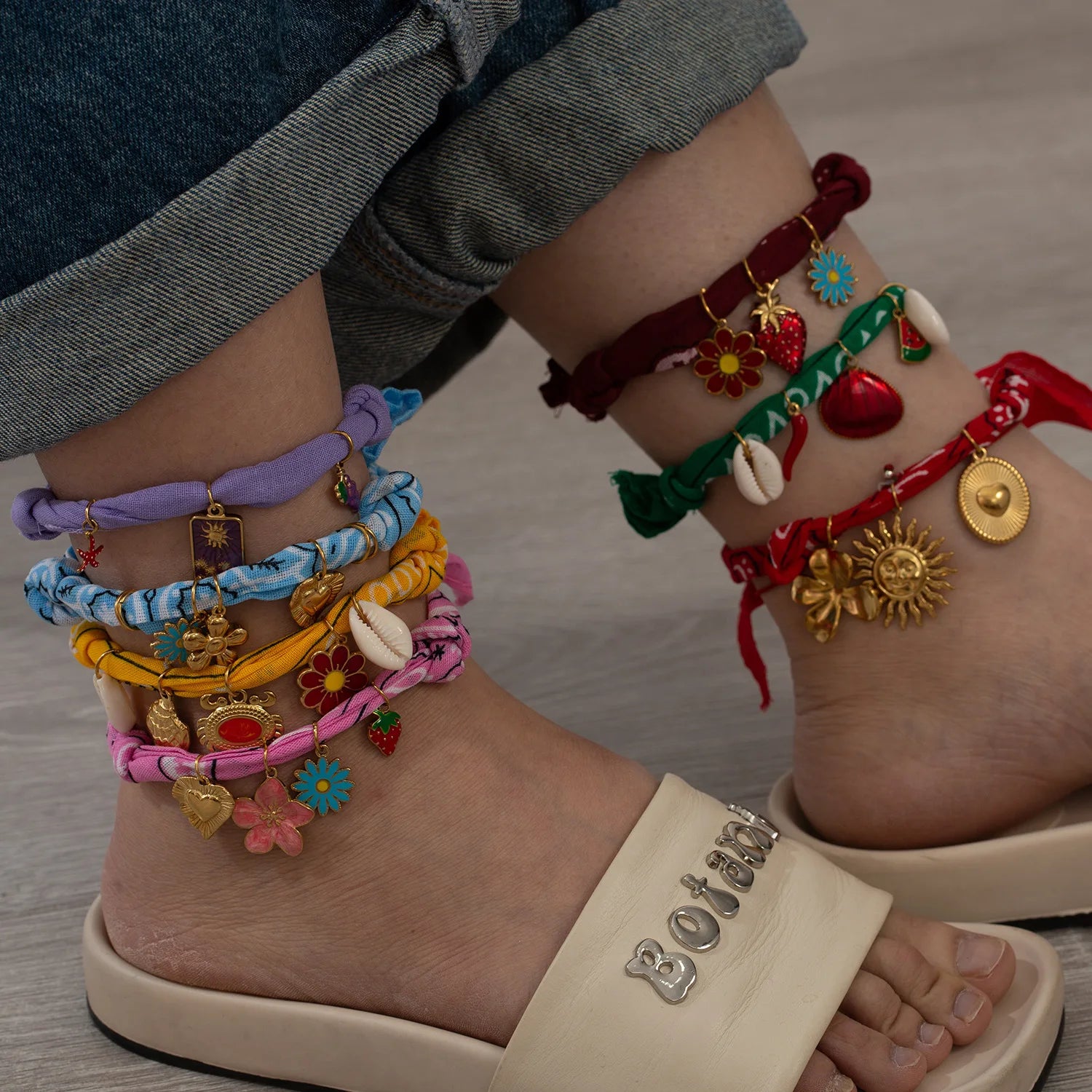 2025 Fashion Handmade Colorful Silk Scarf Waterproof Anklet with Stainless Steel Fruit Charms Jewelry for Women Girls