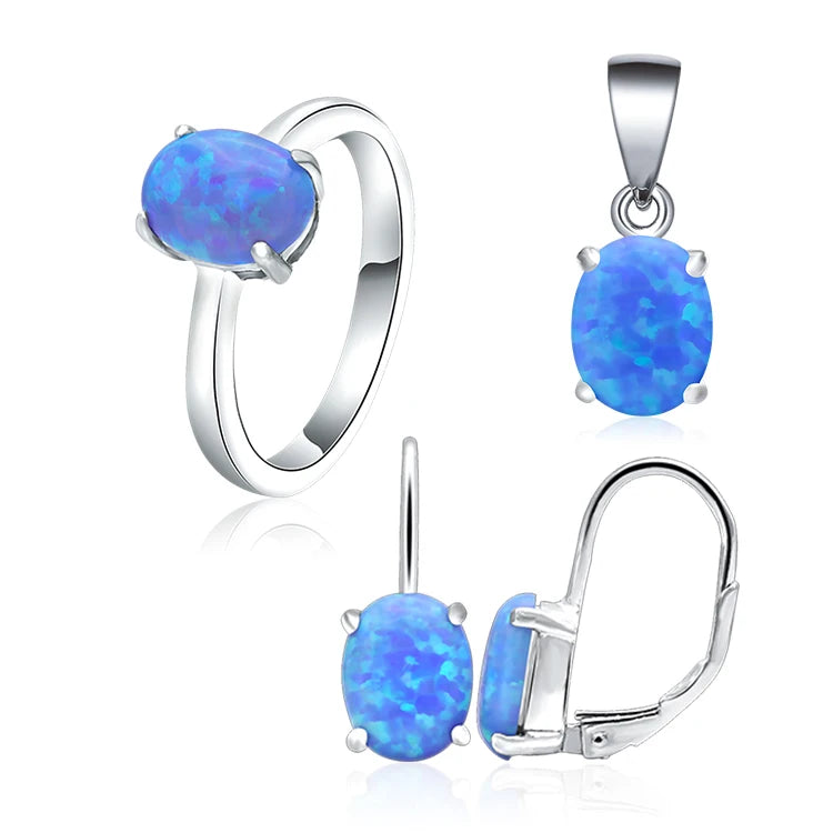 POLIVA Simple Fashion 925 Sterling Silver Jewelry Sets Rhodium Plated Oval Opal Simple Jewelry Set for Lady