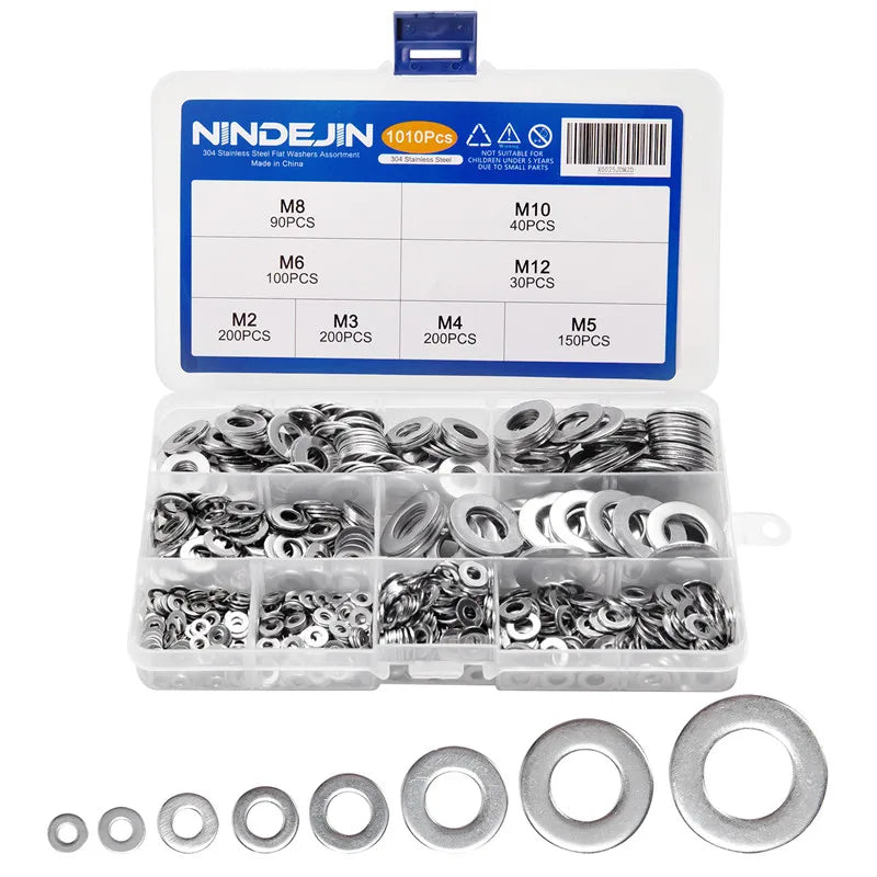 1010pcs Stainless Steel 304 Plain Washer Gaskets Assortment Kit M2 M3 M4 M5 M6 M8 M10 M12 Flat Washer DIN Standard