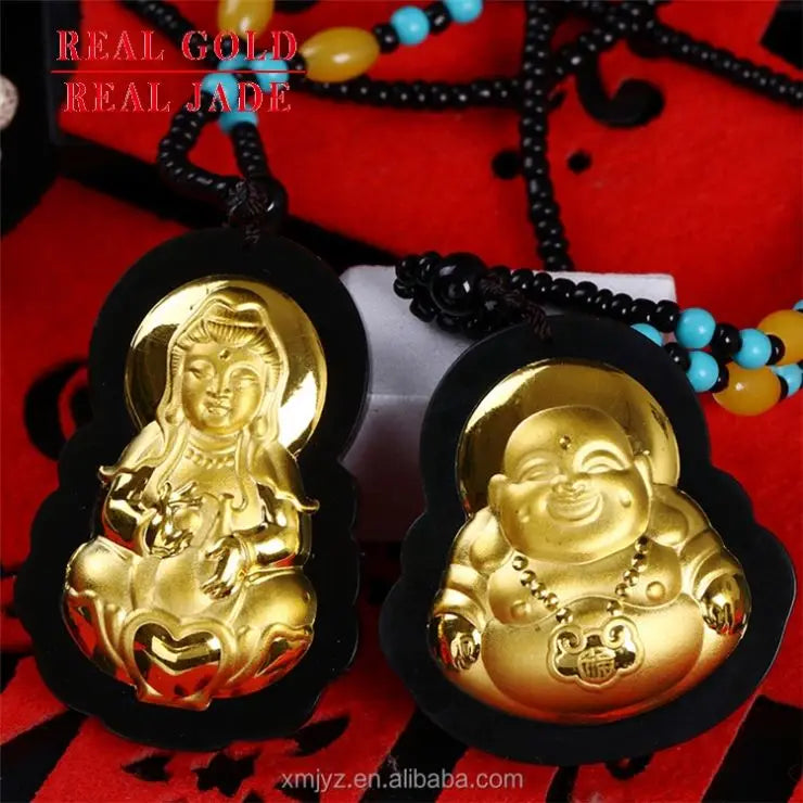 Certified Hetian Moyu Pure Gold Gold Inlaid Jade Guanyin Buddha Pendant Hetian Jade Inlaid Gold Men'S and Women'S Pendants Gift